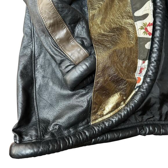 Vintage Opulent Gold Black Leather Oriental Patchwork Open Front Coat Size XXL - Picture 7 of 15